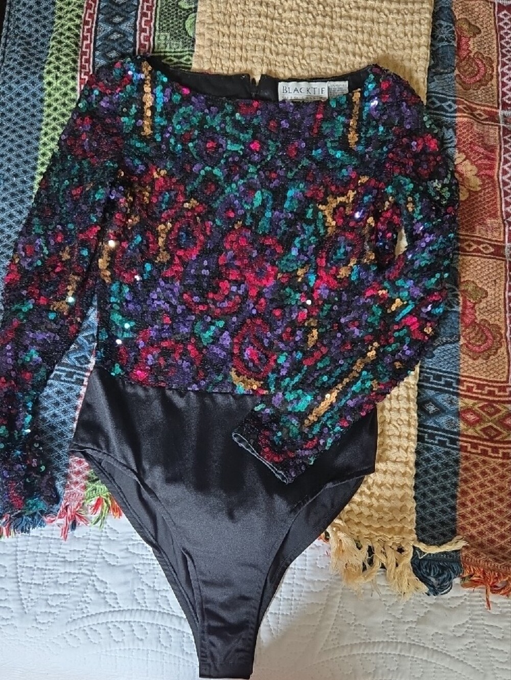 Stunning authentic vintage 1980s Oleg Cassini Black Tie bodysuit, Size Medium